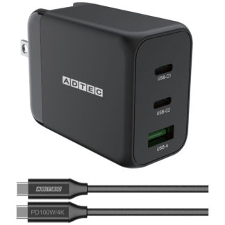 APD-V065AC2-wC-BK<BR>Power Delivery対応 GaN AC充電器/65W/USB Type-A 1ポート Type-C 2ポート/ブラック & Type-C to Cケーブルセット<BR>㈱アドテック