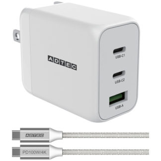 APD-V065AC2-wC-WH<BR>Power Delivery対応 GaN AC充電器/65W/USB Type-A 1ポート Type-C 2ポート/ホワイト & Type-C to Cケーブルセット<BR>㈱アドテック