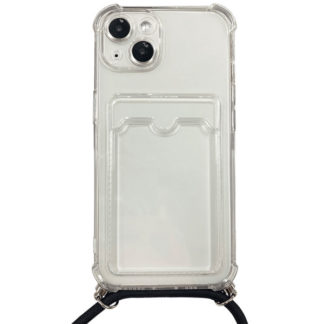 IPH-006CL<BR>iPhone 13対応 クリアケース/ロングストラップ/カードポケット付<BR>㈱ブルー