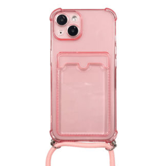 IPH-006PK<BR>iPhone 13対応 クリア（ピンク）ケース/ロングストラップ/カードポケット付<BR>㈱ブルー
