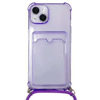 IPH-006PL<BR>iPhone 13対応 クリア（パープル）ケース/ロングストラップ/カードポケット付<BR>㈱ブルー
