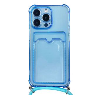 IPH-007BL<BR>iPhone 13 Pro対応 クリア（ブルー）ケース/ロングストラップ/カードポケット付<BR>㈱ブルー