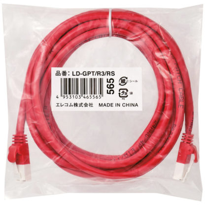 LD-GPT/R3/RSRoHS指令準拠LANケーブル/CAT6/爪折れ防止/3m/レッド/簡易パッケージ仕様エレコム㈱