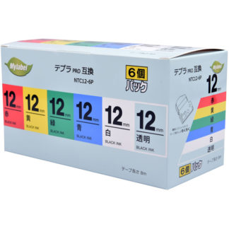 NTC12-6P<BR>テプラ互換ラベルカートリッジ　12mm 黒文字白/赤/青/黄/緑/透明 6個セット<BR>日本ナインスター㈱