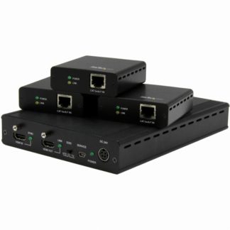 ST124HDBT<BR>HDBaseT規格対応3ポートHDMIエクステンダー(延長器)セット 送信機1台 & 受信機3台 CAT5ケーブル対応 1x3 HDMIスプリッター 4K2K対応 最大35m(Ultra HD)/ 最大70m(HD 1080p)<BR>スターテック・ドットコム㈱