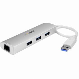 ST3300G3UA<BR>3ポート ポータブル USB 3.0ハブ (ギガビットイーサネット対応LANアダプタ内蔵) シルバー&ホワイト アルミケース<BR>スターテック・ドットコム㈱