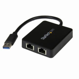 USB32000SPT<BR>USB 3.0-2ポートGigabit Ethernet LANアダプタ ブラック (USBポートx1付き) 10/100/1000Mbps NICネットワークアダプタ USB SuperSpeed(オス)-2x RJ45(メス)有線LANアダプタ<BR>スターテック・ドットコム㈱