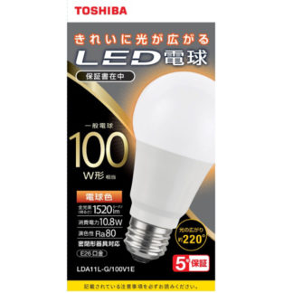 LDA11L-G/100V1E<BR>LED電球 一般電球形 A形E26 全方向220度 100W形相当 電球色<BR>㈱東芝（家電）