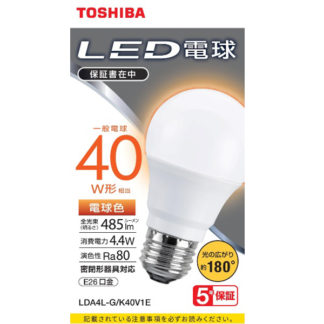 LDA4L-G/K40V1E<BR>LED電球 一般電球形 A形E26 広配光180度 40W形相当 電球色<BR>㈱東芝（家電）