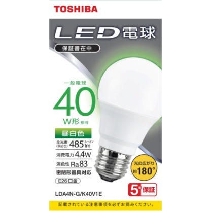 LDA4N-G/K40V1ELED電球 一般電球形 A形E26 広配光180度 40W形相当 昼白色㈱東芝（家電）