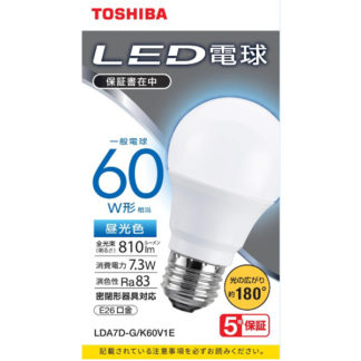 LDA7D-G/K60V1E<BR>LED電球 一般電球形 A形E26 広配光180度 60W形相当 昼光色<BR>㈱東芝（家電）