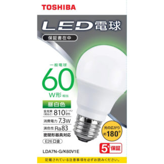 LDA7N-G/K60V1ELED電球 一般電球形 A形E26 広配光180度 60W形相当 昼白色㈱東芝（家電）