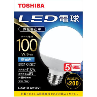 LDG11D-G/100V1<BR>LED電球 ボール電球形 G形E26 広配光200度 100W形相当 昼光色<BR>㈱東芝（家電）