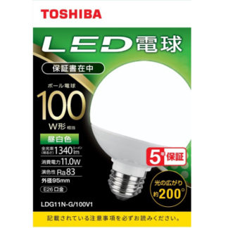 LDG11N-G/100V1<BR>LED電球 ボール電球形 G形E26 広配光200度 100W形相当 昼白色<BR>㈱東芝（家電）