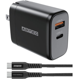 APD-V065AC-wC20U2-BK<BR>Power Delivery対応 GaN AC充電器/65W/USB Type-A 1ポート/Type-C 1ポート/ブラック & Type-C to Cケーブルセット<BR>㈱アドテック