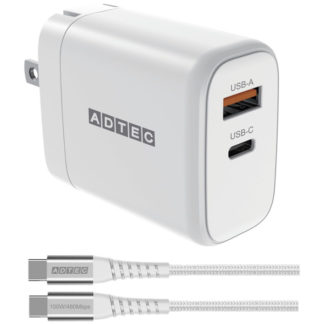 APD-V065AC-wC20U2-WH<BR>Power Delivery対応 GaN AC充電器/65W/USB Type-A 1ポート/Type-C 1ポート/ホワイト & Type-C to Cケーブルセット<BR>㈱アドテック