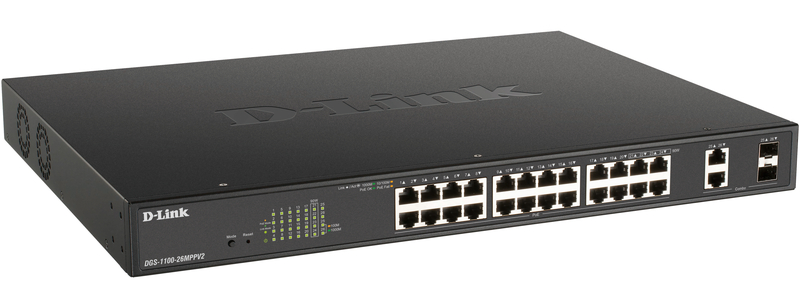 DGS-1100-26MPPV2/A3<BR>ギガビットL2 Easyスマートスイッチ、802.3bt PoE++対応(最大525W給電)、10/100/1000BASE-T×24 (20PoE+/4PoE++)、10/100/1000BASE-Tポート×2、SFPコンボスロット×2<BR>ディーリンクジャパン㈱