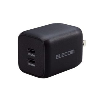 ACDC-PD4365BK<BR>ノートPC用ACアダプター/USB充電器/USB Power Delivery対応/PPS対応/Quick Charge 3.0対応/65W/USB-C2ポート/スイングプラグ/ブラック<BR>エレコム㈱